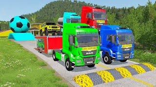 Double Flatbed Trailer Truck vs Speedbumps Train vs Cars  Tractor vs Train BeamngDrive 050 [upl. by Leimaj]