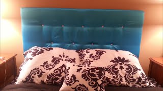 DIY Easy UpholsteredTufted Floating Headboard wCrystal Buttons Bling Cardboard UNDER 50 [upl. by Barkley]