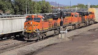 EB BNSF Manifest Meeting WB BNSF Grain Train wTriple MidTrain DPUs at Belen [upl. by Leschen]