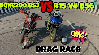 KTM DUKE 200 BS3 VS YAMAH R15 V4 BS6 DRAG RACE😱 Itna Distance Aakhir Kiyo fkrider [upl. by Sajovich606]