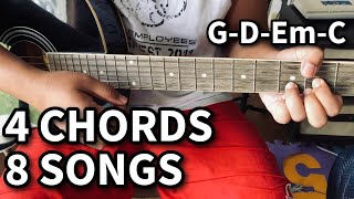 4 CHORDS  8 SONGS for Beginners  G D Em C  Easy Guitar Chords [upl. by Nneb536]