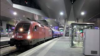 night trains at Vienna D 347 to Bucuresti NJ 1237 to Livorno NJ 490 to HamburgDüsseldorf [upl. by Yelnet]