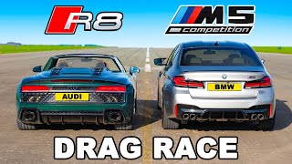 625hp BMW M5 v 620hp Audi R8 V10 DRAG RACE [upl. by Tserof]