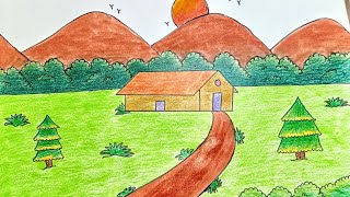 Scenery Drawing  Easy scenery Drawing  Home scenery Drawing  Scenery Drawing Easy Step By Step [upl. by Garbe]