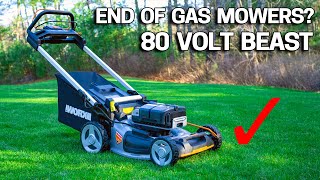 Can a BATTERY LAWN MOWER BEAT GAS Worx 80V Nitro Review [upl. by Ymaral120]