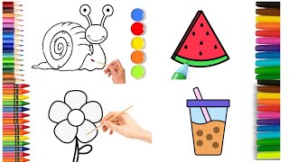 4 Easy Drawings For Kids How To Draw Snail🐌 Watermelon🍉 Babble Tea 🧋 Flower  Step by Step [upl. by Adam]