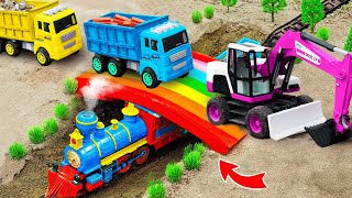 Car toy JCB  Tractor excavator crane mixer truck making a mini concrete bridge for train for kid [upl. by Parks]