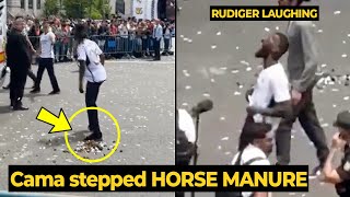 Rudiger cant stop laughing as Camavinga stepped on horse manure during Madrid trophy parade [upl. by Ecidnac]