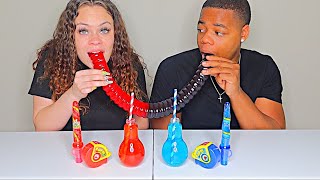 ASMR RED FOOD VS BLUE FOOD GIANT GUMMY WORM SOUR CANDY SPRAY GUMMY ROLL CANDY MUKBANG [upl. by Oramug]