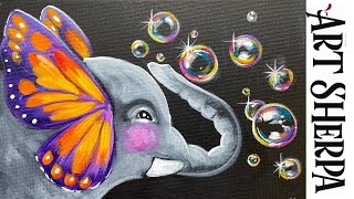 Easy Elephant Butterfly Ears Blowing Bubbles 🌟🎨 How to paint for beginners Paint Night at Home [upl. by Leahciam]