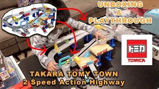 Takara Tomy Tomica City Town 2 speed Action Highway playset UNBOXING amp Playthrough [upl. by Genna65]