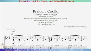 Preludio Criollo  Rodrigo Riera 19231999 for Classical Guitar with TABs [upl. by Eelnodnarb]