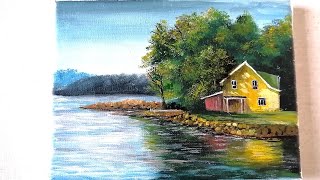 Acrylic Painting  House along river Using 5 Colors Waterscape Scenery art drawing how easy diy [upl. by Anilatac]