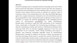 Batch Jobs Load Balancing Scheduling in Cloud Computing Using Distributional Reinforcement Learning [upl. by Dessma]