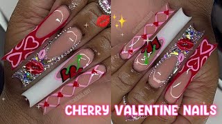 CHERRY VALENTINE NAIL FREESTYLE 💋✨🍒  HOW TO BLING FRENCH 💎 FULL ACRYLIC NAIL TUTORIAL 🤍 [upl. by Alta]