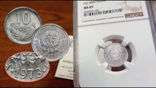 NAJRZADSZA MONETA PRL 10 groszy 1973 aluminium BEZ ZNAKU mennicy NGC MS65  Aukcja 26 Niemczyk [upl. by Behre]