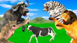 Black Lion Fight White Tiger Vs Lion King Attack Cow Cartoon Buffalo Elephant Save By Woolly Mammoth [upl. by Lucky]