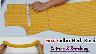 Collar Neck KurtiSuit Cutting and Stitching  Front button placket kurti cutting and stitching [upl. by Ekaterina342]