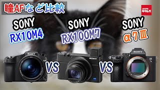 【カメラ比較】ソニー RX100M7とRX10M4の違いとは！？フルサイズミラーレス α7IIIと瞳AF性能に差はあるの？ [upl. by Farley]