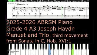 ABRSM Piano 2025  2026 Grade 4 A3 Joseph Haydn Menuet and Trio third movement from Sonata in C Hob [upl. by Hgeilyak]