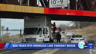 Box truck hits Onondaga Lake Parkway Bridge [upl. by Knowling944]