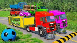 Double Flatbed Trailer Truck vs Speed bumps  Train vs Cars  Tractor vs Train  BeamNG Drive 001 [upl. by Arol]