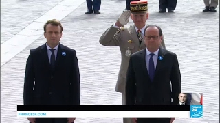 France François Hollande guides presidentelect Emmanuel Macron through VE Day ceremony [upl. by Erodoeht]