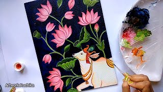 Easy Holy Cow and Lotus Painting  Cow Pichwai Art Painting  Traditional Paintings [upl. by Wenz388]