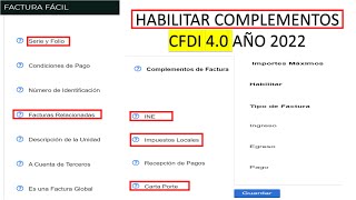 HABILITAR COMPLEMENTOS EN FACTURA 40  FACTURAS RELACIONADAS CFDI 40 [upl. by Fusuy]