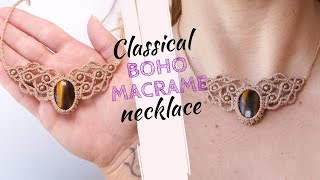 How to make boho macrame necklace tutorial micro macrame necklace WITH CABOCHON [upl. by Held]