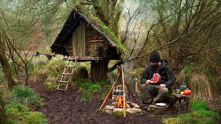 Building wood survival shelter in wildlands  Bushcraft amp Campfire grilled meat [upl. by Donelu212]