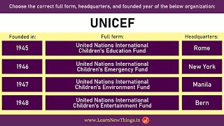 International Organizations Quiz  Full Form Headquarters amp Founded Year  40 Questions  World GK [upl. by Silloc]