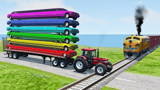 Double Flatbed Trailer Truck vs Speedbumps Train vs Cars  Tractor vs Train BeamngDrive 050 [upl. by Ky]