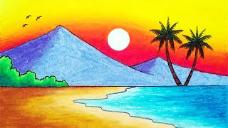 How to Draw Beautiful Sunset in the Beach  Easy Sunset Scenery Drawing [upl. by Eldrid72]