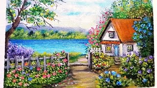 Acrylic Painting House flower garden Landscape Scenery 🎨 art canvas ideas newvideo drawing how [upl. by Aitnas]