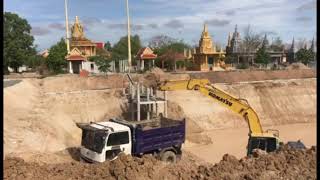 Excavator Dig the ground to make a big pond in the pagoda [upl. by Elia]