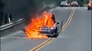 Subaru Legacy explodes after hitting deer [upl. by Ateuqirne]