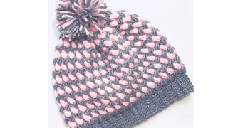 Gorro para adultos en gancho con punto frijol en dos colores 115 [upl. by Nosnehpets]