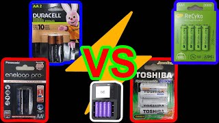 Pilhas Panasonic Eneloop Pro 2550 mAh VS Duracell 2500 mAh VS Toshiba 2600 mAh VS GP ReCyko 2600 mAh [upl. by Anigroeg610]