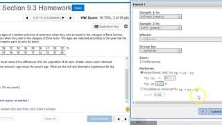 Using StatCrunch to perform hypothesis testing on two matched pair means of acting award ages [upl. by Namya]