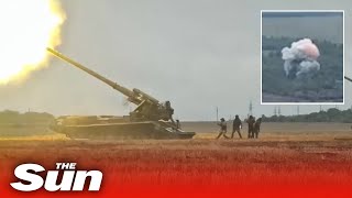 Russian artillery fires at Ukrainian positions with self propelled long guns [upl. by Felicle]