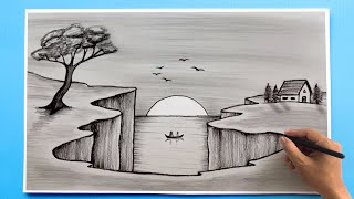 Simple Landscape Drawing  Easy scenery Drawing tutorial [upl. by Nonregla]