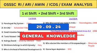 OSSSC RI ARI AMIN Question Paper Analysis  1st  2nd  3rd Shift  29 September  General Knowledge [upl. by Bat358]