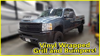 VINYL WRAPPED GRILL AND BUMPERS on this Chevy Silverado 2500hd Extreme Change [upl. by Terra]