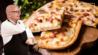 Flammkuchen selber machen Knuspriger Teig und herzhafter Belag  Flammkuchen Rezept I CALLEkocht [upl. by Anirret]