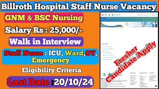 🔥Billroth Hospital Staff Nurse Vacancy 2024💥Staff Nurse Recruitment🔥GNM BSC Nursing 💥Staff Nurse [upl. by Elledoj]