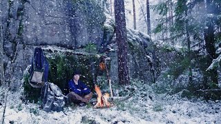 First Snow Bushcraft Shelter Foraging And Primitive Firemaking [upl. by Lalo103]