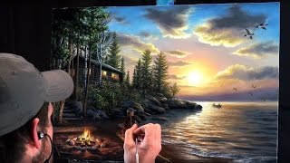 Acrylic Landscape Painting Timelapse  Sunset at the lake [upl. by Linders]