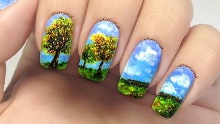 Autumn Landscape Freehand Nail Art [upl. by Orteip722]