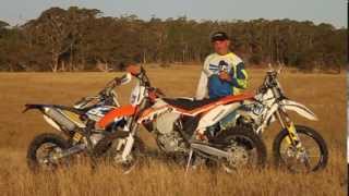 2014 KTM 500EXC vs 2014 Husqvarna FE501 vs 2014 Husaberg FE501 Transmoto [upl. by Yoreel728]